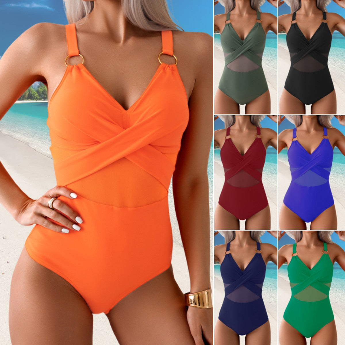 ✨👙【Reducere 50% 🔥】【S–2XL】Costum de baie întreg din plasă elastică pentru femei cu forme, bikini uni cu bretele și inele metalice