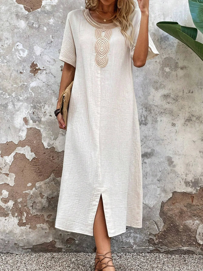 👗🧚♀️【Reducere 50% 🔥】【S–3XL】💖 Rochie de vară vaporoasă pentru femei, cu decolteu rotund, dantelă, mâneci scurte, din bumbac și in pur, cu șliț și croială lejeră-3988605