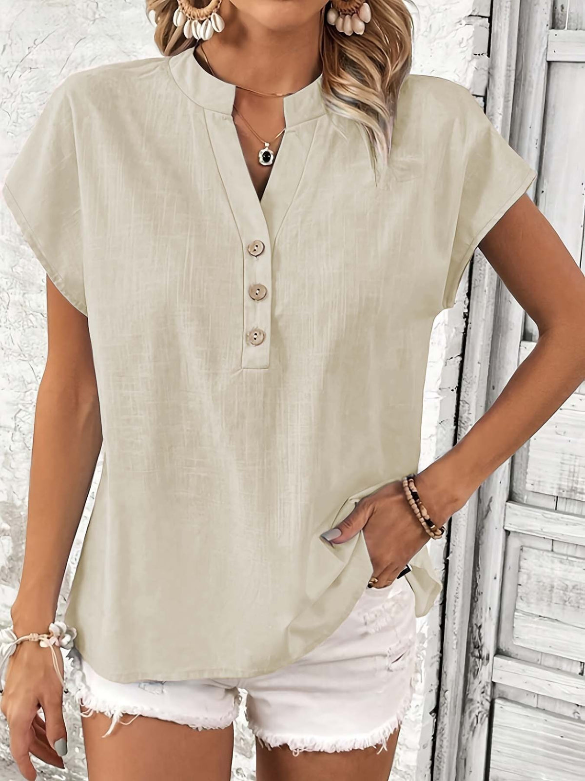 🎀💖【Novi dolasci 50% popusta samo 3 dana】👚2026 Nova ženska ležerna košulja kratkih rukava s V-izrezom i kopčanjem na gumbe, pamučno-lanenasti gornji dio u jednoj boji