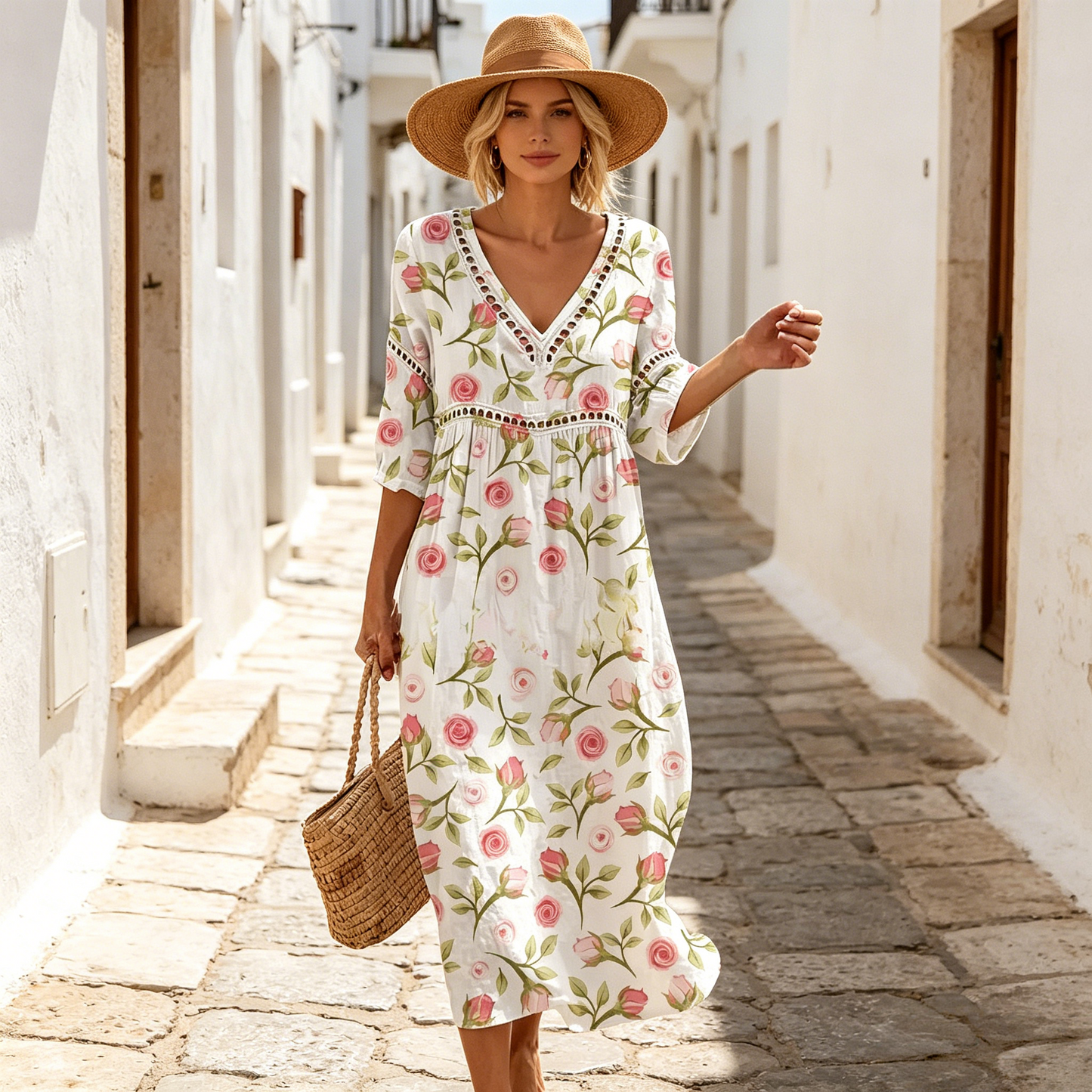 👗【S-3XL】Duga haljina od pamuka i lana s cvjetnim uzorkom u ljetnom stilu, V-izrez
