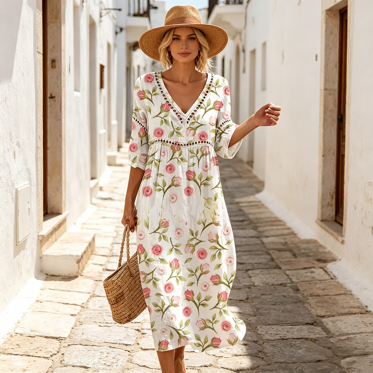 👗【S-3XL】Duga haljina od pamuka i lana s cvjetnim uzorkom u ljetnom stilu, V-izrez