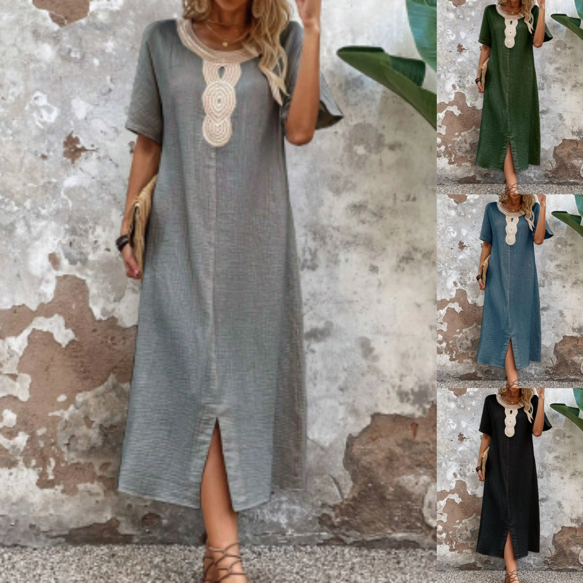 👗🧚♀️【Reducere 50% 🔥】【S–3XL】💖 Rochie de vară vaporoasă pentru femei, cu decolteu rotund, dantelă, mâneci scurte, din bumbac și in pur, cu șliț și croială lejeră-3988605