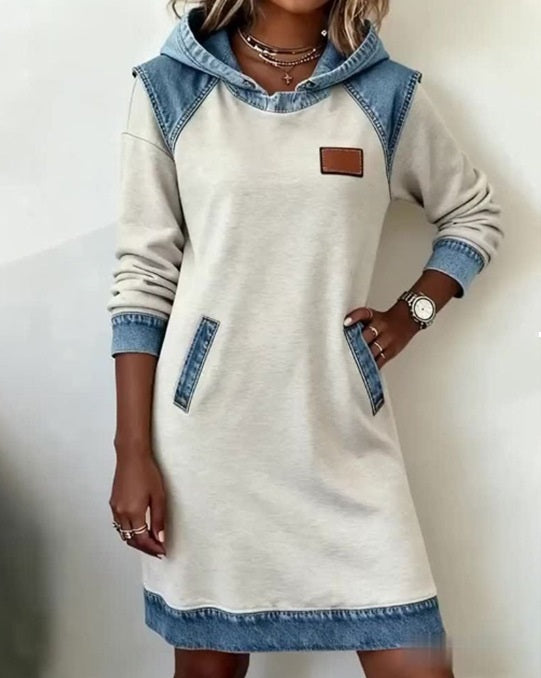 🔥【50 % popust】🌷🌞Nova zimska modna patchwork obleka s kapuco iz džinsa