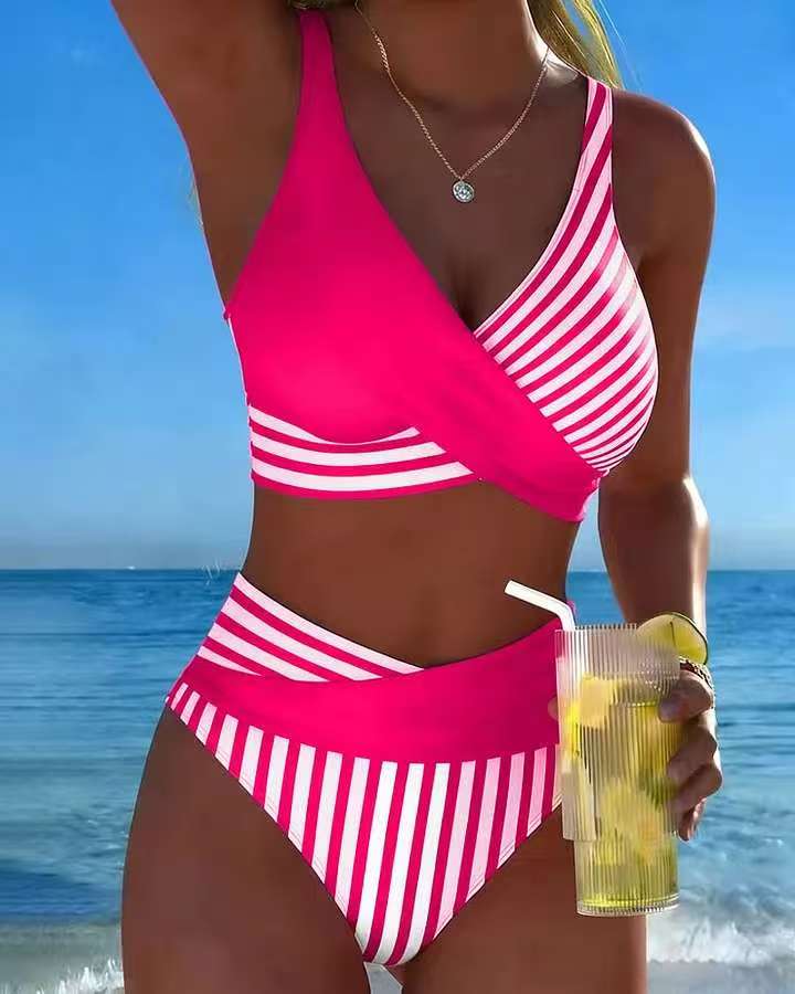 【40-100 kg】Dvojdielne bikiny s farebnou potlačou blokov a pruhov