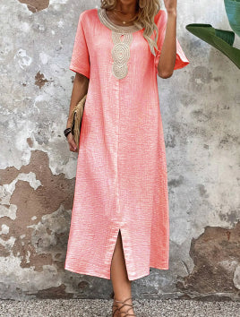 👗🧚♀️【Reducere 50% 🔥】【S–3XL】💖 Rochie de vară vaporoasă pentru femei, cu decolteu rotund, dantelă, mâneci scurte, din bumbac și in pur, cu șliț și croială lejeră-3988605