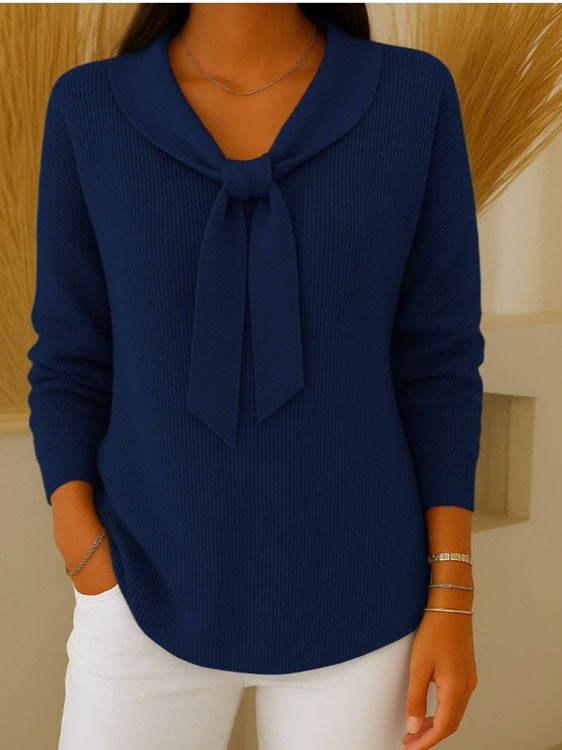 🌺🍁【S~5XL】Suéter de color liso para mujer con lazo y manga larga, libre y suelto
