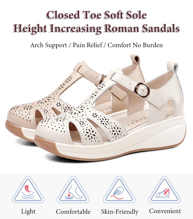 👡【35-40】Sandale romane cu talpă moale și talpă închisă pentru creșterea înălțimii, Fund și suprafață moale, design ajurat, respirabil și răcoros.