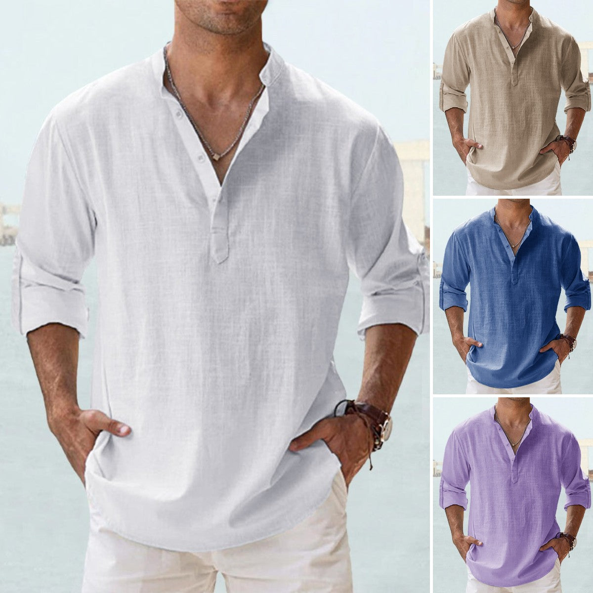 👕🤩【S-5XL】 Cămașă pentru bărbați cu mâneci lungi, material din bumbac și in.-3981064