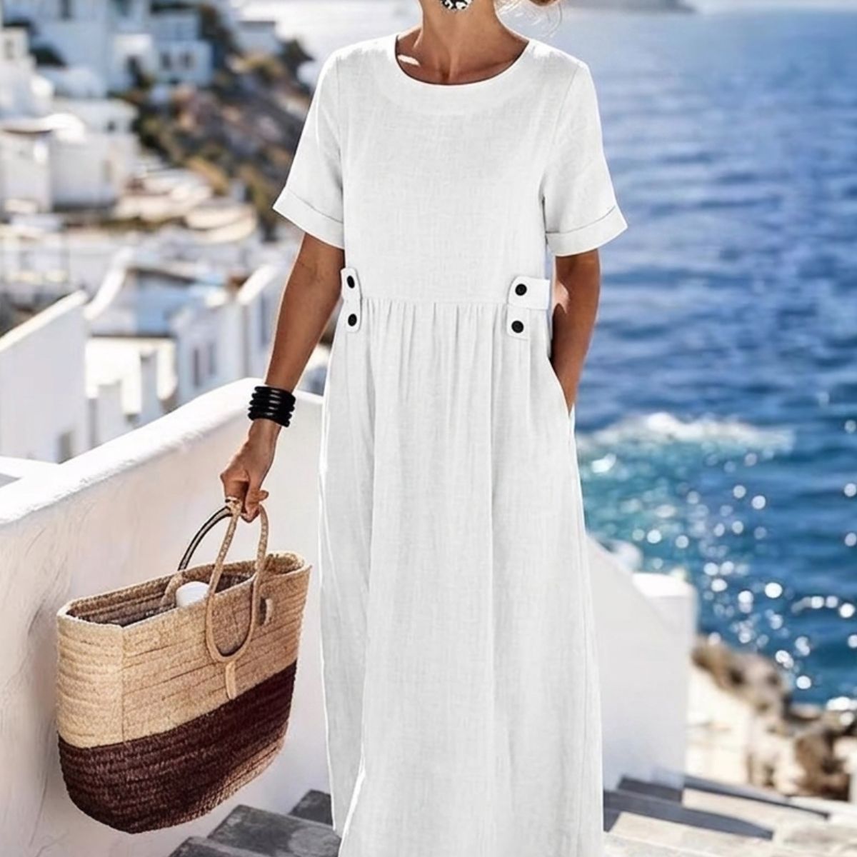 💥⏳【Zadnja 3 dana, 50% popusta】👗【M-3XL】Nova pamučno-lanena haljina s okruglim izrezom, prozračna i udobna, stagnira i laska.