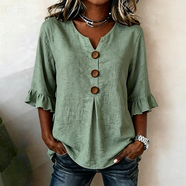 🌟🌟【S-3XL】Camiseta de mujer cómoda y transpirable con mangas abullonadas y diseño de cuello en V con botones.