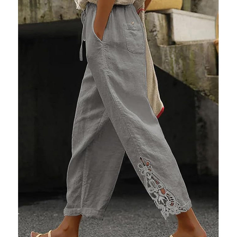 【Novi artikli s 50% popusta】👖✨ Ženske hlače ravnog kroja od pamuka i lana s detaljima od čipke i podesivim vezicom.