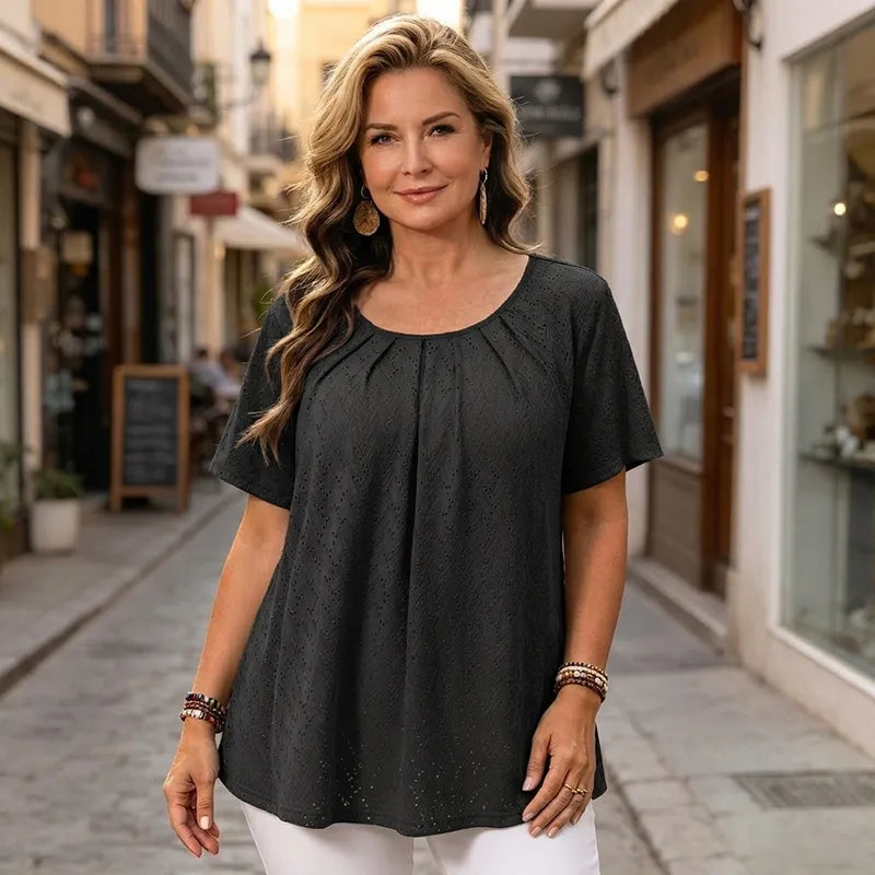 Elegantna ženska bluza s vezom i plisiranim dekolteom, ležerna majica kratkih rukava, teksturirana košulja u francuskom stilu