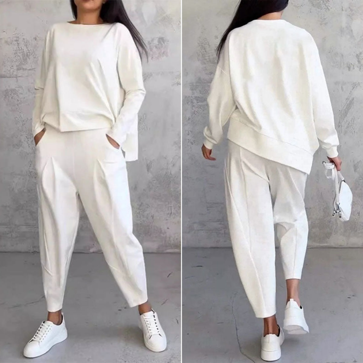 💥Top + pantaloni 💖 Costum din două piese cu mânecă lungă și gât rotund-3850764