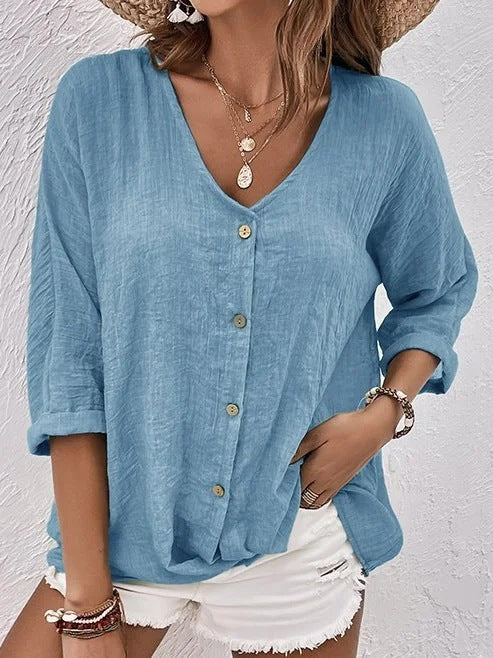 🔥 🌿【S-5XL】 2025 Nouă! Cămașă lejeră, din bumbac, V decoltată pentru femei-3896788