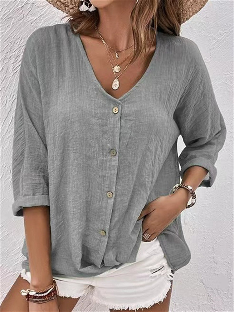 🔥 🌿【S-5XL】 2025 Nouă! Cămașă lejeră, din bumbac, V decoltată pentru femei-3896788