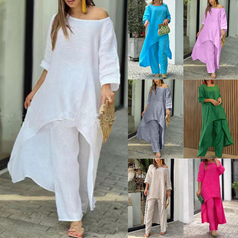 50% sleva ✨【S-3XL】👚👖 Souprava topu s dlouhým rukávem nepravidelného tvaru a stylových kalhot rovného střihu, ležérní a elegantní