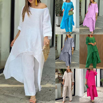 50% sleva ✨【S-3XL】👚👖 Souprava topu s dlouhým rukávem nepravidelného tvaru a stylových kalhot rovného střihu, ležérní a elegantní