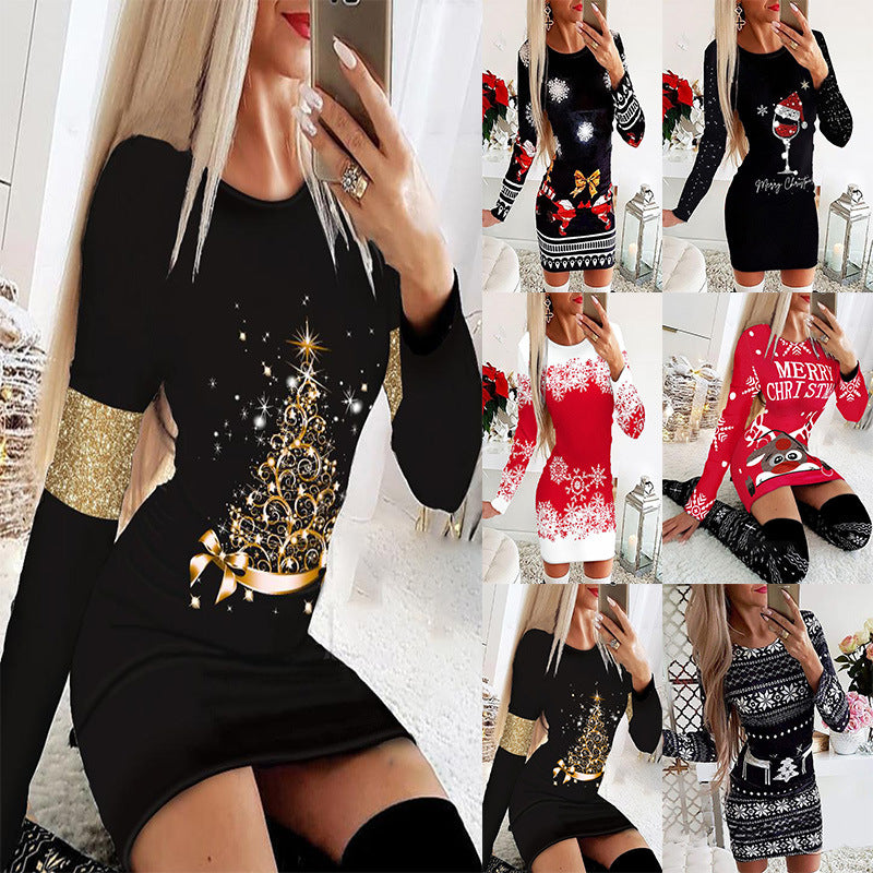 🎅👗【S-5XL】2025 Jesienne i zimowe sukienki świąteczne z długim rękawem z nadrukiem