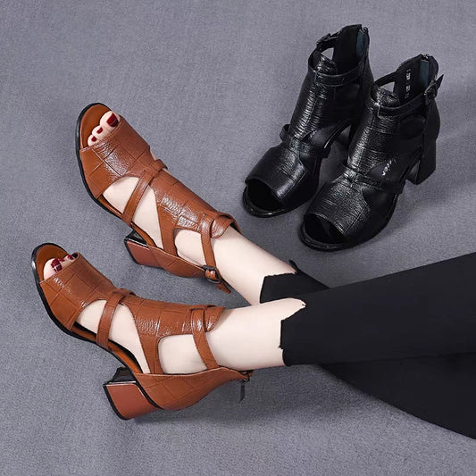 👡【35-40】Noua piele moale, moale, fund de pește, gură de pește, gură goală, sandale romane cu toc gros-3885949