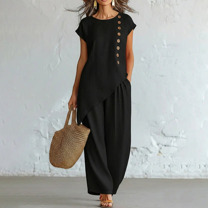 ✨Ležeran ljetni set s asimetričnim dizajnom i bočnim gumbima, topom bez rukava i širokim hlačama, boho-chic stil
