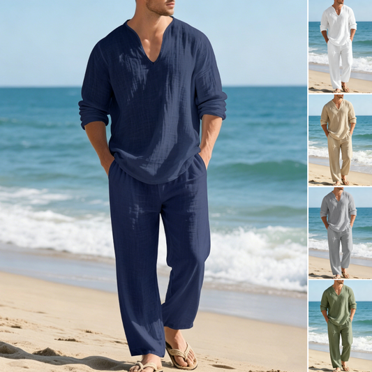 🌴 50% popusta 🔥 [Majica + Hlače] Muško ležerno laneno odijelo opuštenog kroja i V-izrezom, savršeno za plažu. ✅ Plaćanje pouzećem ✅ 2 artikla uz 70% popusta