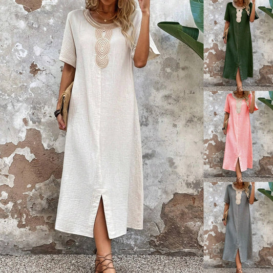 👗🧚‍♀️【Reducere 50% 🔥】【S–3XL】💖 Rochie de vară vaporoasă pentru femei, cu decolteu rotund, dantelă, mâneci scurte, din bumbac și in pur, cu șliț și croială lejeră-3988605