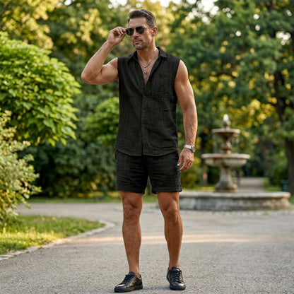 🔥【S-3XL】Muško ležerno sportsko odijelo (Cardcute + kratke hlače), ovratnik s reverom, stojeći ovratnik, imitacija pamuka i lana.