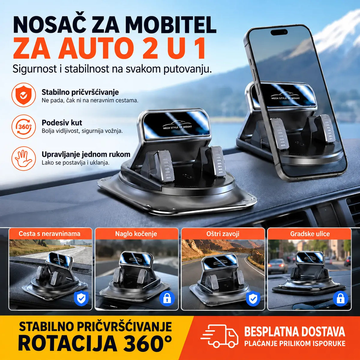 🚗 Auto-nosač za telefon 2 u 1, rotirajući za 360° i neklizajući