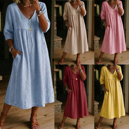 ✅ 【S-3XL Novi dolazak s popustom】👗 Ležerna široka haljina od lana i pamuka s V-izrezom i čipkastim obrubom