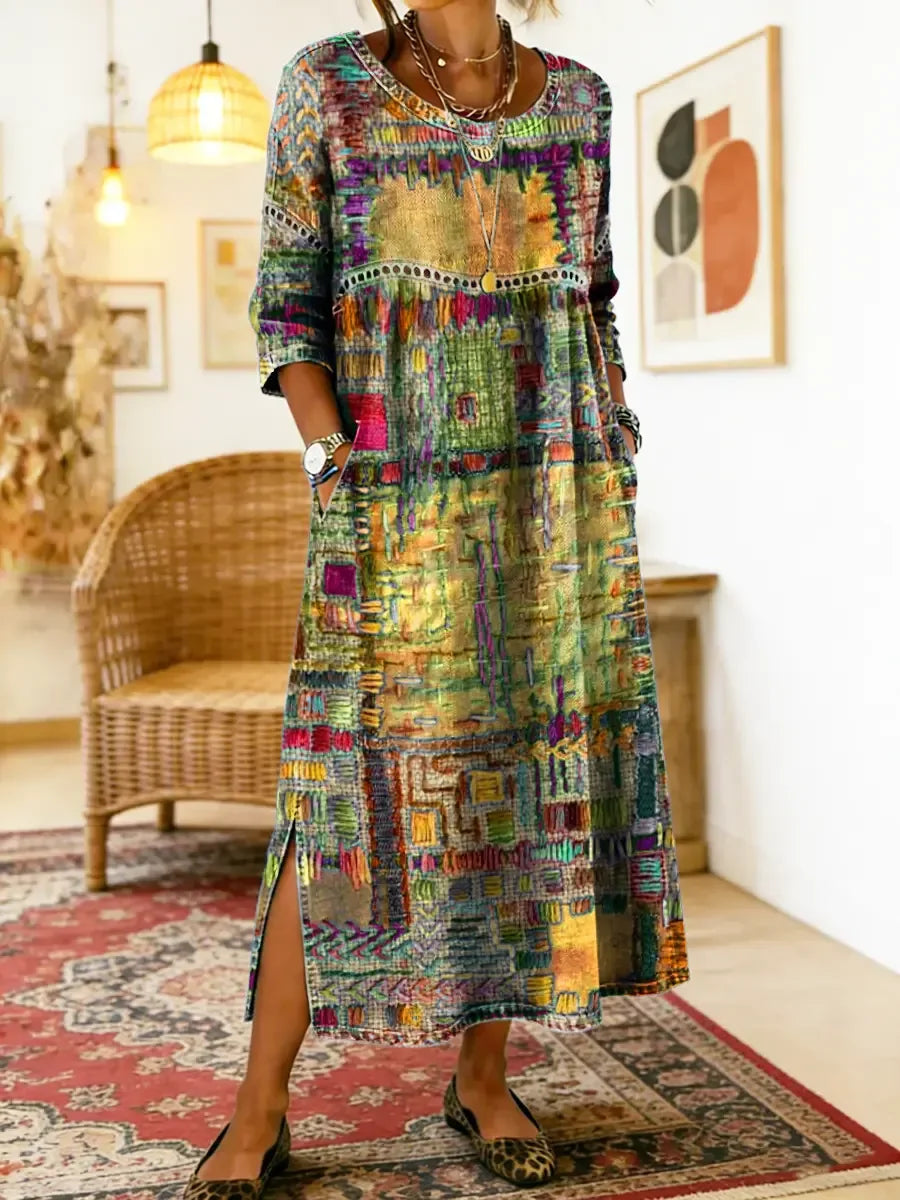 💟【S-5XL】Ženska haljina od čistog pamuka, etnički print, patchwork, čipkasti obrub