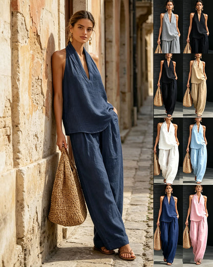 💥💥【Zadnji dan za nove artikle, 60% popusta】👚👚【S-5XL】Ženski ljetni komplet bez rukava s V-izrezom, top bez prsluka + široke hlače