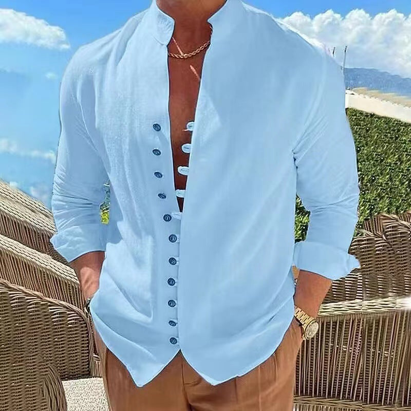 🔥【S-3XL】Cămașă casual pentru bărbați cu guler stand cu nasturi 3916908