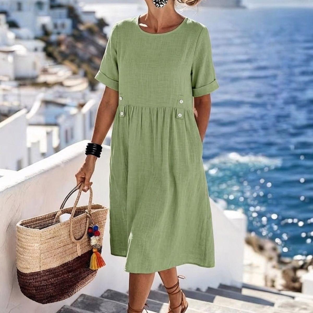 💥⏳【Zadnja 3 dana, 50% popusta】👗【M-3XL】Nova pamučno-lanena haljina s okruglim izrezom, prozračna i udobna, stagnira i laska.