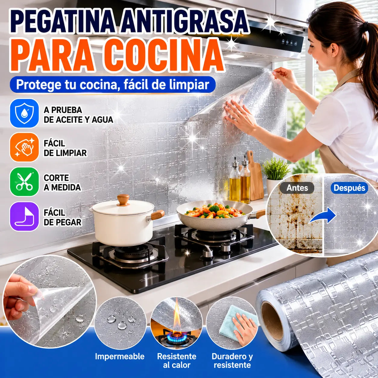 【60cm*5m】🛡️ Adhesivo de papel de aluminio removible y autoadhesivo para cocina, resistente al aceite, al calor y fácil de limpiar.
