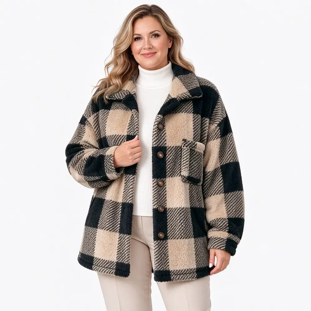 🧥【S-5XL】Ženski plišani karirani kaput, debeli materijal od umjetnog krzna, široki kroj, topla jesensko/zimska jakna🥰