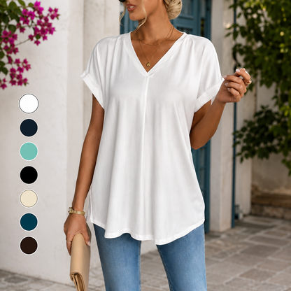 🔥【S-3XL】Jednobojna majica kratkih rukava s blokovima boja i elegantnim naborima na stražnjoj strani.