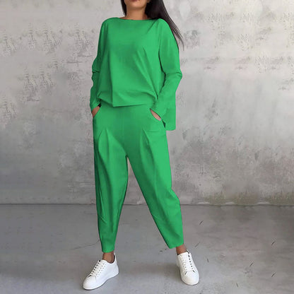💥Top + pantaloni 💖 Costum din două piese cu mânecă lungă și gât rotund-3850764