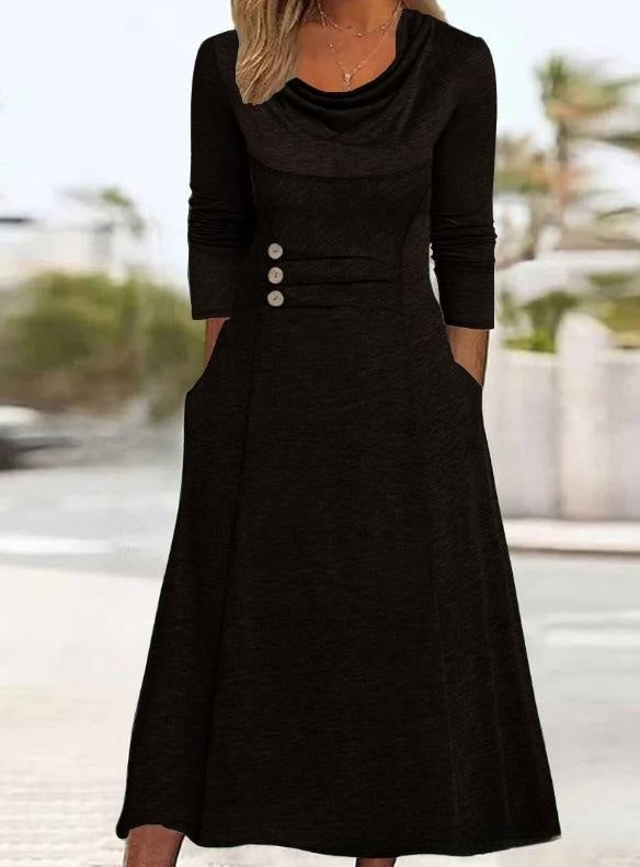 🔥【Vânzare fierbinte】【S-3XL】2025 rochie nouă cu gât rotund de culoare solidă, cu buzunare-3867024