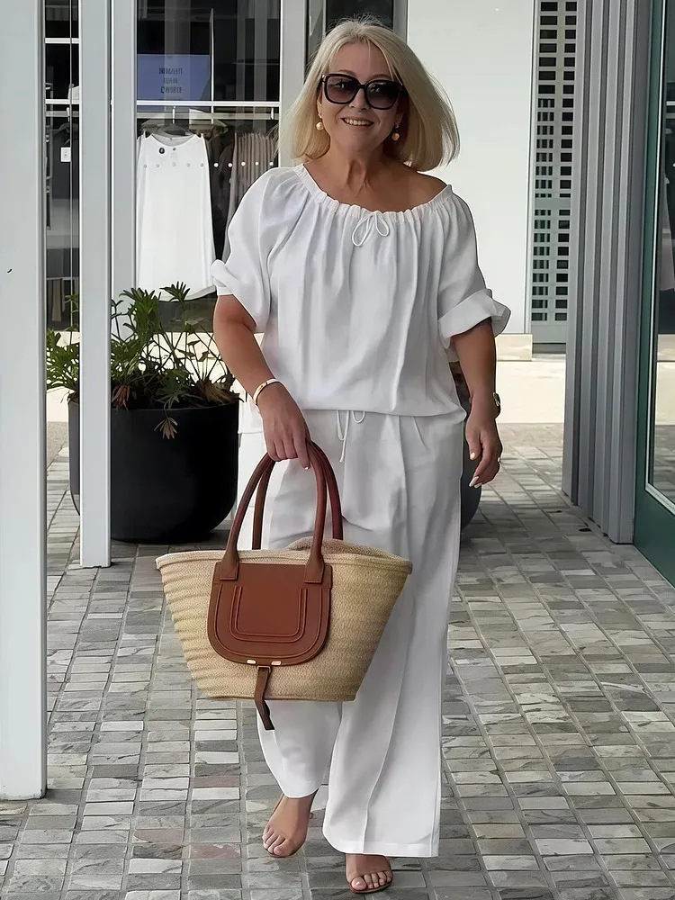 👑💃Ljetni set 2026, široki kroj od pamuka i lana 【Bluza s okruglim ovratnikom i vezicom + hlače】