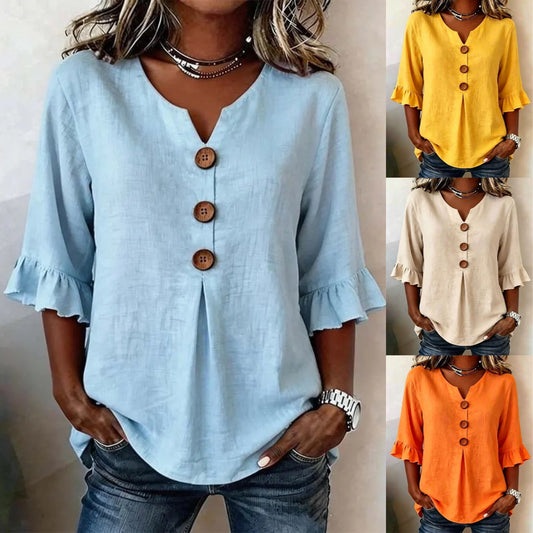 【S-3XL】 👚💖Dámska pohodlná košeľa z bavlny a ľanu s volánikovými rukávmi strednej dĺžky a zapínaním na gombíky, štýlová a elegantná.