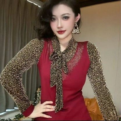 ⛄❄️【XL-6XL】🧶 Toamna și iarna 2024 2024 Pulover lung tricotat cu imprimeu leopard, mărime mare-3845154