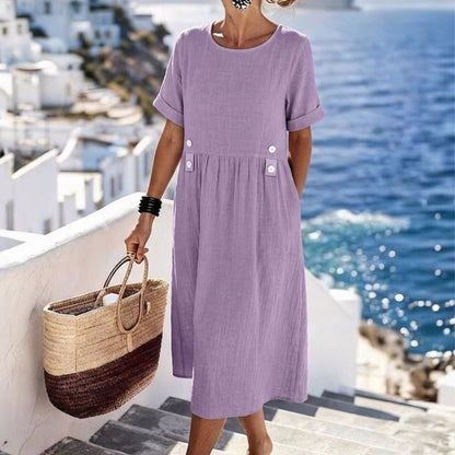 💥⏳【Zadnja 3 dana, 50% popusta】👗【M-3XL】Nova pamučno-lanena haljina s okruglim izrezom, prozračna i udobna, stagnira i laska.