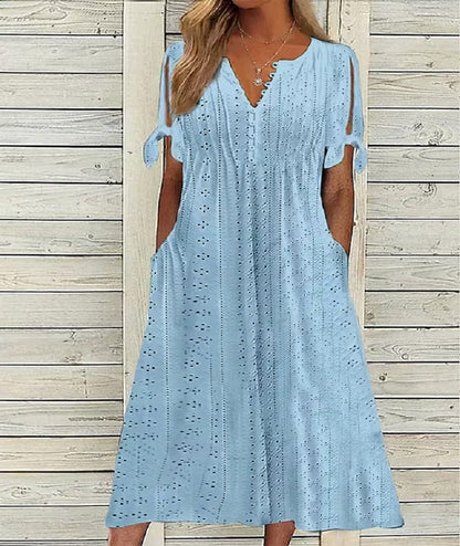 💞【S-3XL】Rochie la modă, lejeră, brodata cu talie înaltă, de culoare uni-3975670