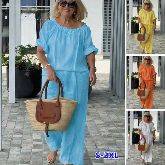 👑💃Ljetni set 2026, široki kroj od pamuka i lana 【Bluza s okruglim ovratnikom i vezicom + hlače】
