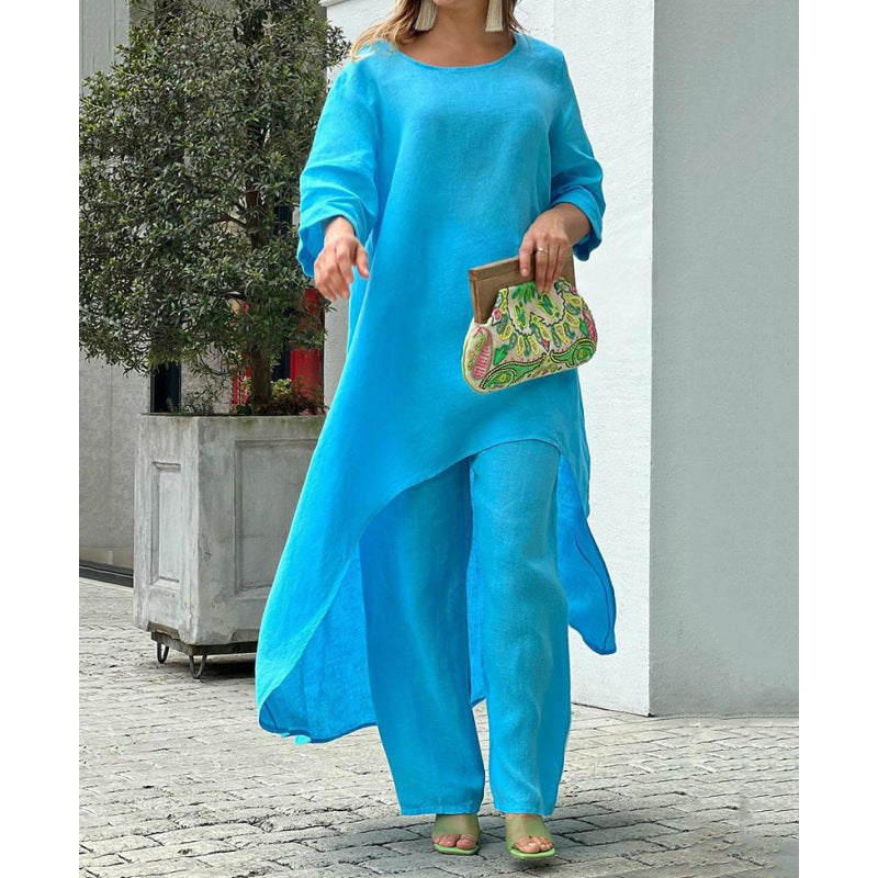 50% sleva ✨【S-3XL】👚👖 Souprava topu s dlouhým rukávem nepravidelného tvaru a stylových kalhot rovného střihu, ležérní a elegantní