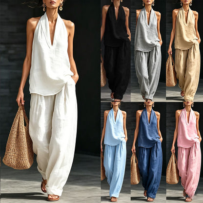💥💥【Zadnji dan za nove artikle, 60% popusta】👚👚【S-5XL】Ženski ljetni komplet bez rukava s V-izrezom, top bez prsluka + široke hlače