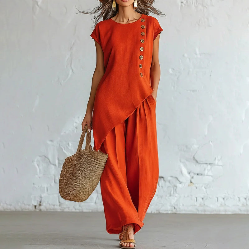 ✨Ležeran ljetni set s asimetričnim dizajnom i bočnim gumbima, topom bez rukava i širokim hlačama, boho-chic stil