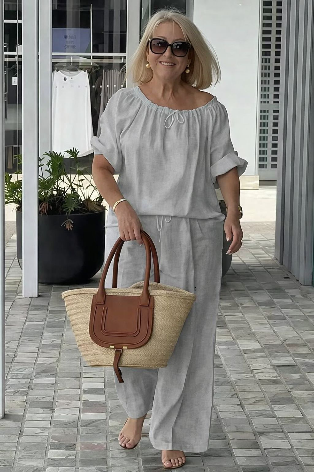 👑💃Ljetni set 2026, široki kroj od pamuka i lana 【Bluza s okruglim ovratnikom i vezicom + hlače】