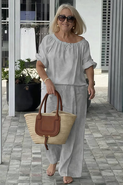 👑💃Ljetni set 2026, široki kroj od pamuka i lana 【Bluza s okruglim ovratnikom i vezicom + hlače】