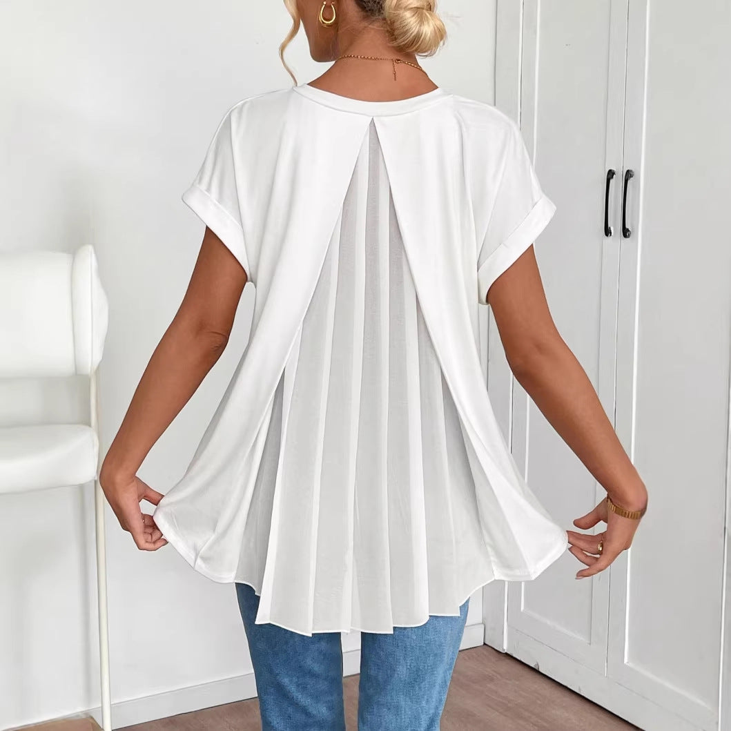🔥【S-3XL】Jednobojna majica kratkih rukava s blokovima boja i elegantnim naborima na stražnjoj strani.